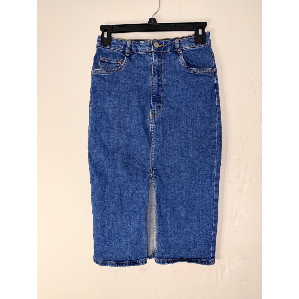 Zara Denim Jean Skirt  High Waisted Midi Pencil Skirt Front Slit Size S 90s